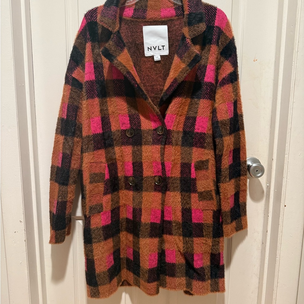Anthropologie Pink and Brown Pea Coat Classic Plaid Design